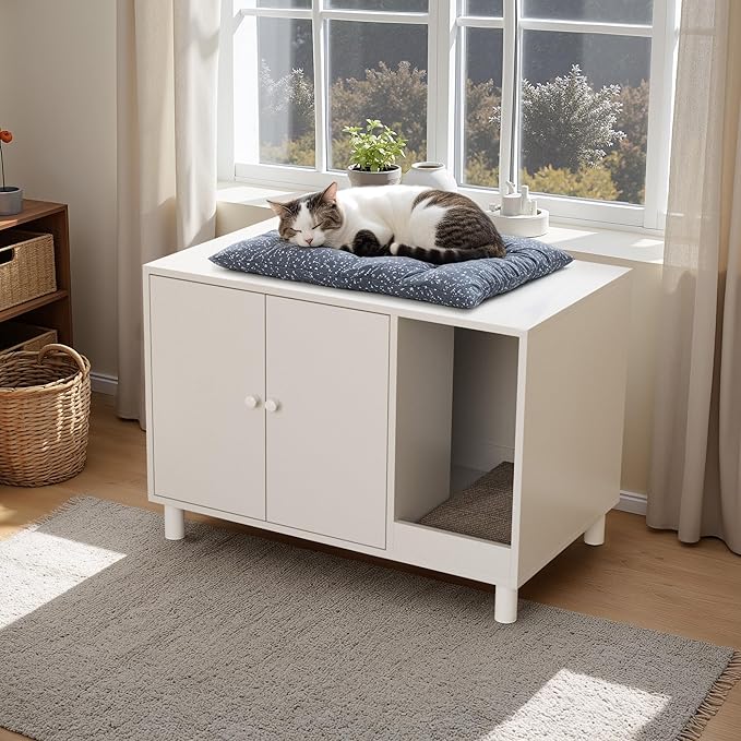 WARCAT Cat Litter Box Enclosure, Modern Hidden Litter Box Enclosure Furniture, Hidden Washroom with Scratch Pad, Barn Door Design, Indoor Cat House & End Table (White)
