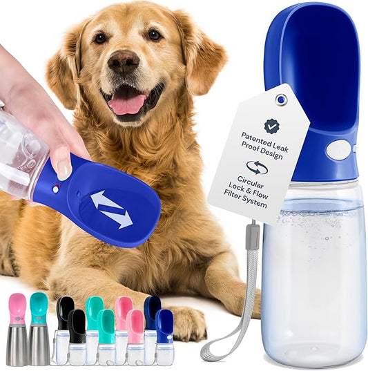 MalsiPree Stainless Steel Dog Water Bottle - 19 oz, Navy Blue - One-Hand Leak-Proof Hydration & Pet Water Dispenser - Built-in Travel Bowl & Travel Pet Bowl - BPA-Free Steel for Dog Camping