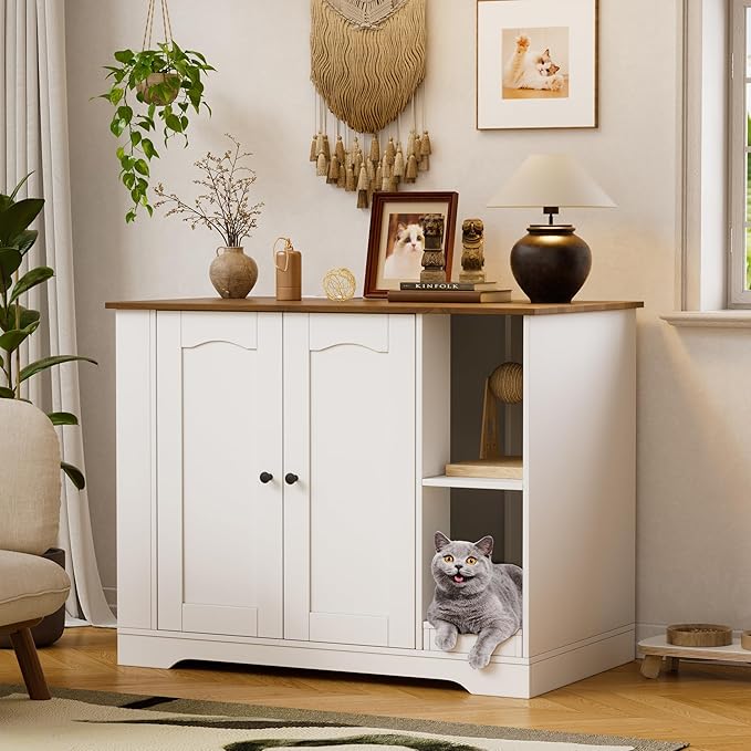 PAKASEPT Large Cat Litter Enclosure with Litter Collector, Wooden Cat Washroom Enclosure for self-Cleaning Litter Boxes, Large Hidden Litter Box Furniture with Charging Station, Wooden Cat House