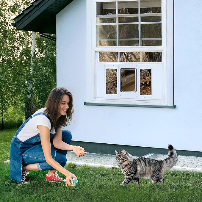 Full-Size Window Pet Door for Cats & Small Dogs, Width Adjustable Fits Sliding Windows, 10-Min Install, Aluminum Frame, HD High-Transparency Glass, Weatherproof Design, Magnetic Close