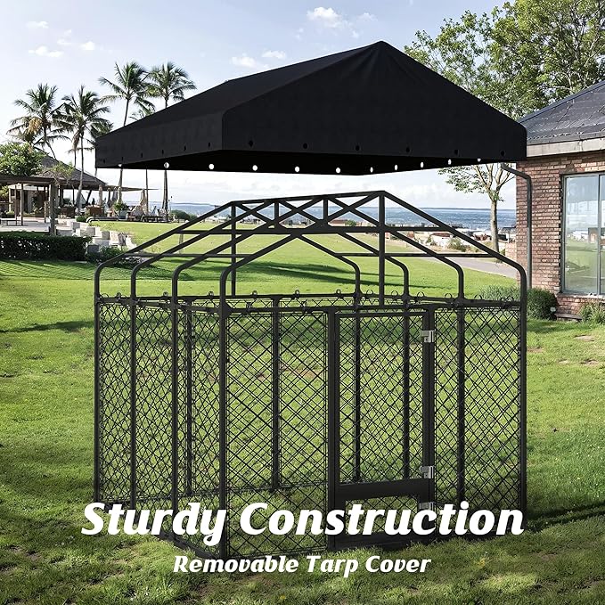 6x6FT Heavy Duty Outdoor Dog Kennel with Roof – Large Dog Enclosure & Weatherproof Dog House, Secure Metal Fence Playpen with Double Lock & Feeding Swivel Door for Big Dogs