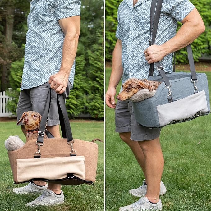 Center Console Dog Car Seat | 11 lbs MAX | Safety Straps & Leash | Comfortable Foam and Plush Pillows | Adjustable Mount Design | Large Storage Pockets | Perfect for Small Pets & Cats (Brown)