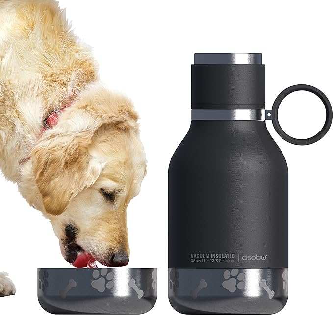 Asobu Buddy Bottle a Stainless Steel Insulated Water Bottle for with Removable Dog Water Bowl and Dog Food and Treat Storage Bowl (Black, 37 Oz Water Bottle with Bowl)