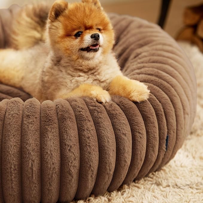 Bedsure Donut Small Dog Bed - Dog Beds for Small Dogs with Corduroy Fleece & Anti Slip Bottom, Round Faux Fur Pet Beds with Washable Removable Cover, Camel Brown, 23x23x7 inches