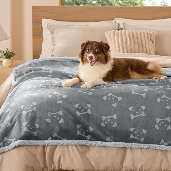 Bedsure Waterproof Dog Blankets for Large Dogs - Soft Print Sherpa Fleece Pet Cat Blanket Washable for Couch Bed Protection, Cozy Plush Reversible Throw Furniture Protector, 50"x60", Smokey Grey