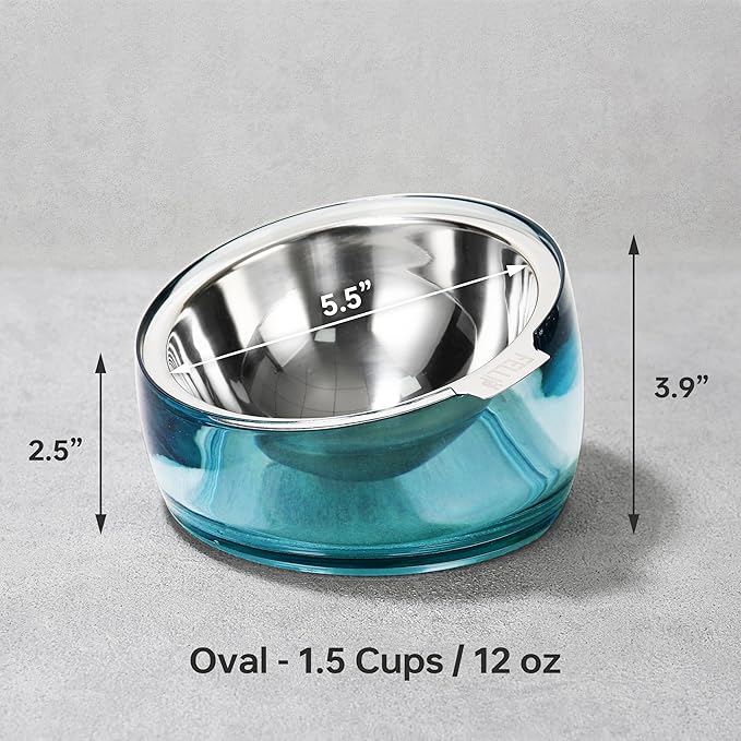 Felli Pet Oblik Slanted Dog Food Water Bowl Elevated Stainless Steel Oval Dish Ergonomic Angled Metal Feeder Spill Proof Non Slip, Raised Acrylic Cone for Bulldog Pug Small Medium (1.5Cup Sapphire)