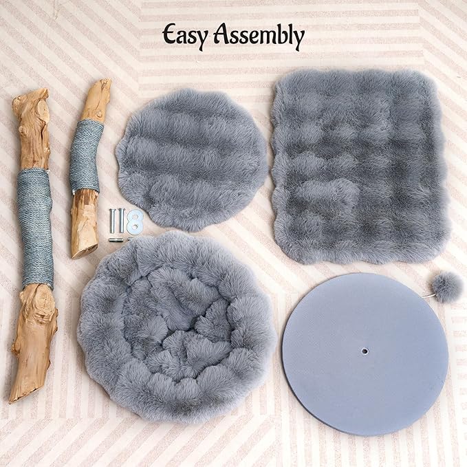 Natural Wood Cat Tree for Indoor Cats Adults, 33in Modern Cat Tree Tower with Super Soft Plush Cat Bed & Perch, Sisal Scratching Posts and Hanging Plush Ball, Frost Gray