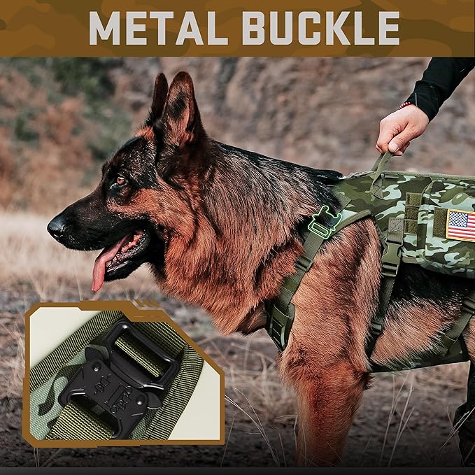 Forestpaw Tactical Dog Harness Tactical Dog Collar with Bungee Leash Set,No Pull Military Dog Harness for Walking Training,Adjustable for Medium Large Dogs,Camouflage Green,Chest 15.5-25.5"