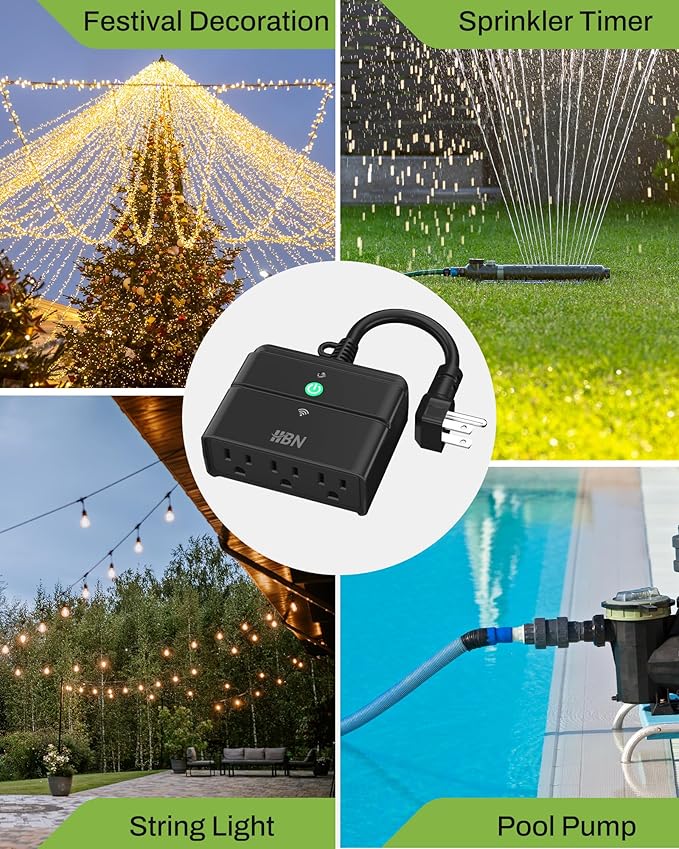 HBN Outdoor Smart Plug,Wi-Fi & Bluetooth Heavy Duty Outlet with 3 Independent Outlets,Compatible with Alexa and Google Assistant,IP44 Waterproof,Voice & APP Control Outlet,No Hub Required,ETL Listed