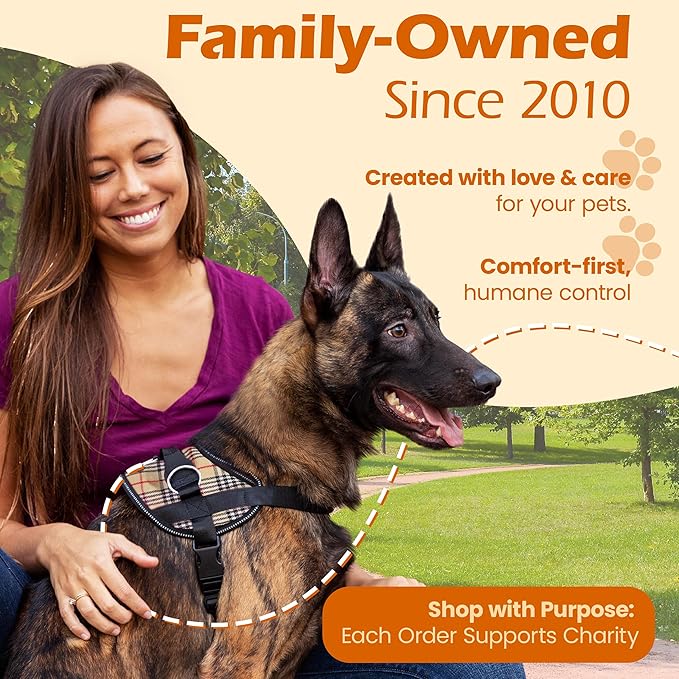 Bark Appeal Tan Plaid No-Pull Dog Harness for Small to Medium Sized Pets – Adjustable, Reflective Vest with 3 Leash Clips for Added Control, Easy Walks & Training – Medium