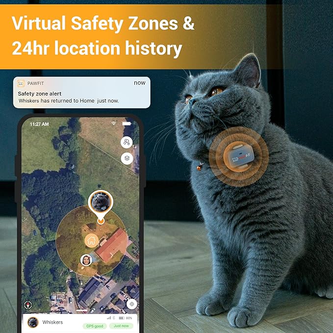 Pawfit Lite for Cats 4g GPS Tracker | Real Time Tracking | Activity Monitoring |Location History | Unlimited Range | Safety Collar Included | Lilac Grey