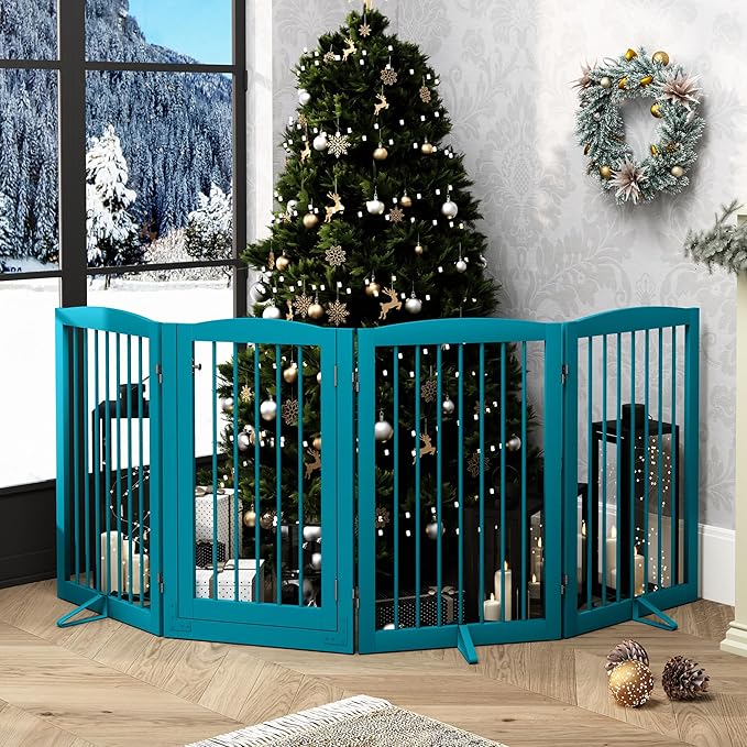 Freestanding Dog Gates with Door Walk Through, Pet Gate for Stairs, 80 inch Wide Gates Indoor, Dog Fences Indoor, Support Feet Included, 4 Panels, 32" Tall, Blue