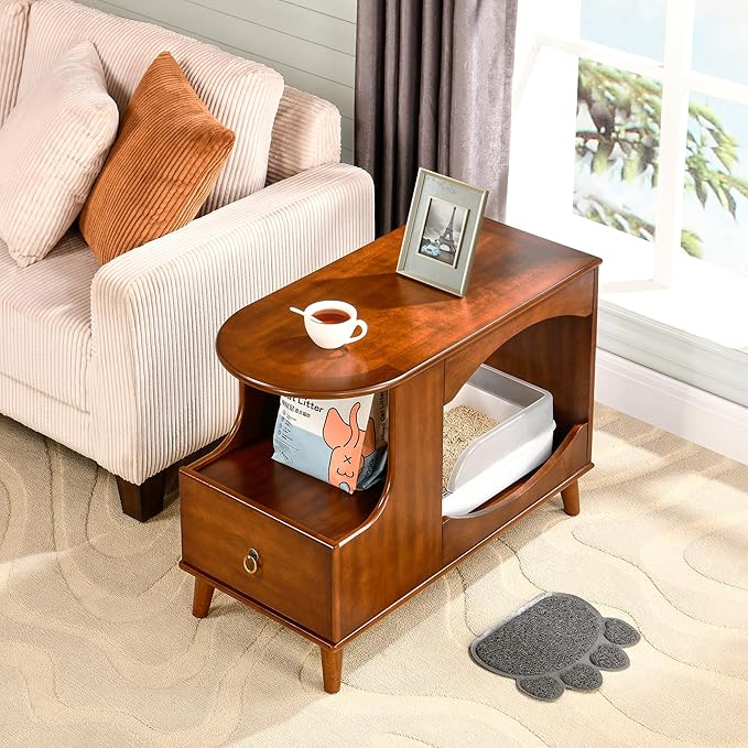 Farmhouse Cat Litter Box Enclosure End Table with Drawer and Open Space, Wood Beside Table, Hidden Litter Box Furniture,15.7" x 31.5" x 23.2" for Living Room, Hallway, Walnut Brown MGBJ-A1359-MG