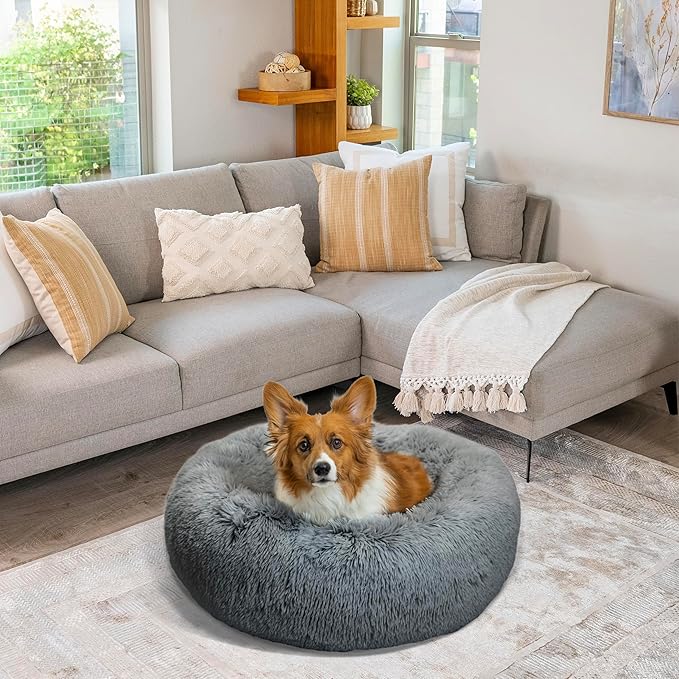 Best Friends by Sheri The Original Calming Donut Dog Bed – Washable Plush Pet Bed for Medium Breeds up to 45 lbs, Shag Faux Fur, Gray, Medium (30" x 30")