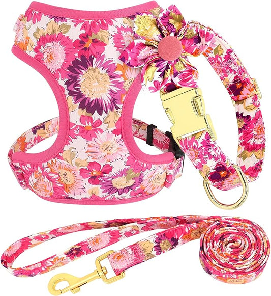 Beirui Cute Girl Dog Collars, Harnesses & Leashes Set - Adjustable Dog Collar and Leash Set with Flower - Soft Mesh Dog Vest Harness for Puppies Small Medium Dogs (Pink-2,S)