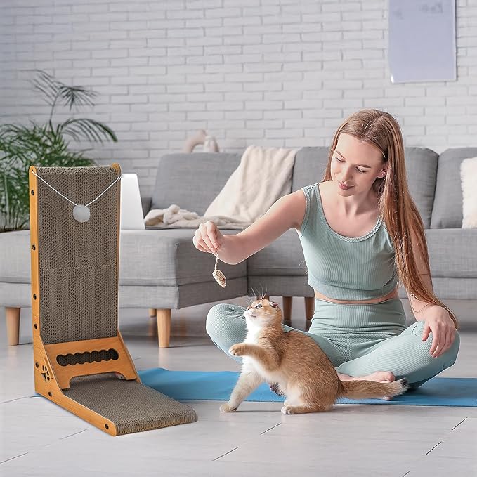 Cat Cuddles Cardboard Cat Scratcher for Indoor Cats - 3-in-1 Vertical & Horizontal Cardboard Scratch Pad with Toy Ball - L-Shape Scratching Post for Furniture Protection