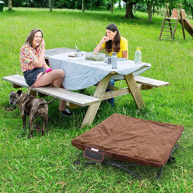 unp Elevated Cooling Dog Bed - 36 x 36 x 10 inch Foldable Pet Bed - Washable Plush Cover & Carrying Bag Breathable Dog Camping Chair (Brown, L)