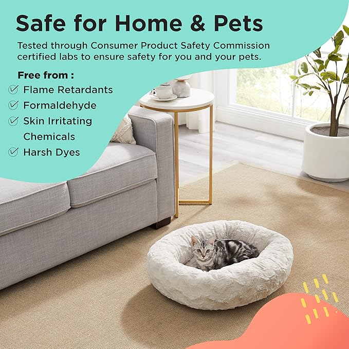 Best Friends by Sheri The Original Calming Donut Dog Bed – Washable Plush Pet Bed for Cats & Small Dogs up to 25 lbs, Lux Faux Fur, Oyster, Small (23" x 23")