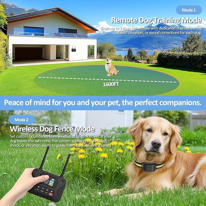 Wireless Dog Fence System with LCD Remote - Adjustable Training Collar & Portable Containment for 10-120lb Dogs, No Wire Needed, 1-Mile Boundary, Waterproof