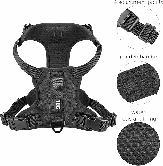 TUG Dog Harness with 2 Leash Connection Points | Adjustable, Padded, Lightweight | Handle on Back | No-Pull Front Clip (Large, Black)