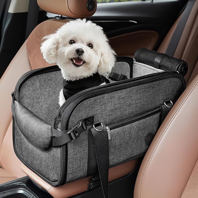 YUDODO Center Console Dog Car Seat, Anti-Slip Pet Cat Booster Seat for Small Dogs, Portable Puppy Bed Carseat Carrier PU Leather Gray