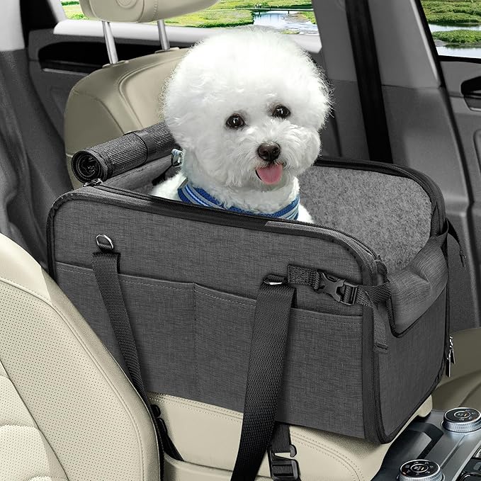 YUDODO Large Dog Car Seat for Center Console (Width>9.5in) Fits 10-20lbs, Anti-Slip Puppy Cat Travel Portable Booster Seat, Luxury Pet Car Bed Carseat PU Leather Gray
