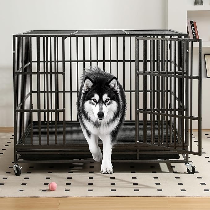 60 inch Heavy Duty Dog Crate, Folding Dog Kennel No Assembly, Escape Proof Large Dog Cage Kennel with Lockable Wheels, High Anxiety Pet Playpen with Double Door Indoor/Outdoor