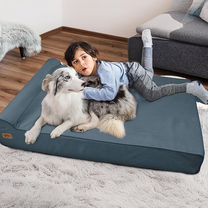 Sytopia XXL Memory Foam Dog Bed, 7 Inch Thick Extra Large Orthopedic Couch for Senior Dogs Over 100 Pounds, Water Resistant and Washable Cover, Liner, Blue Grey