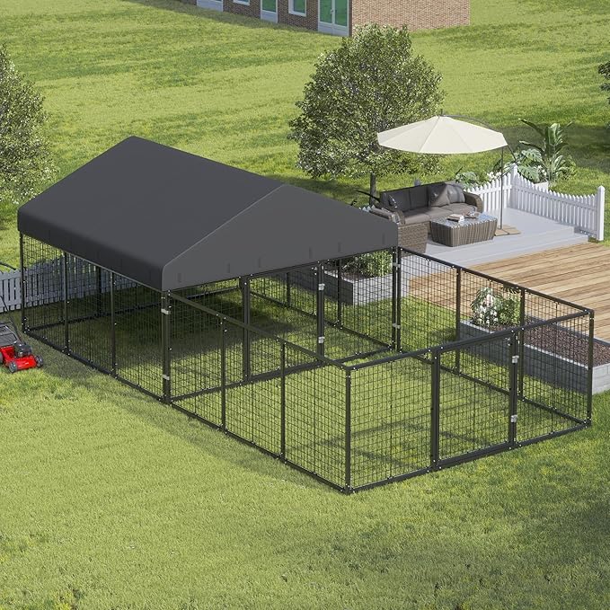 Outdoor Dog Kennel with Dog Fence for Medium/Small Dogs Anti-Rust Coating Cage with Roof All Weather Resistant Dog House with Double Locks