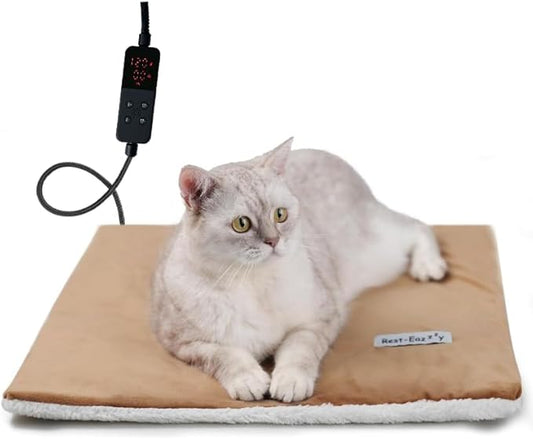 Rest-Eazzzy Heated Cat Pad, Cat Bed with Removable Cover, 5 Level Timer & Temperature, Indoor Warming Mat for Cats & Dogs (Heat Pad, Pure-Brown)