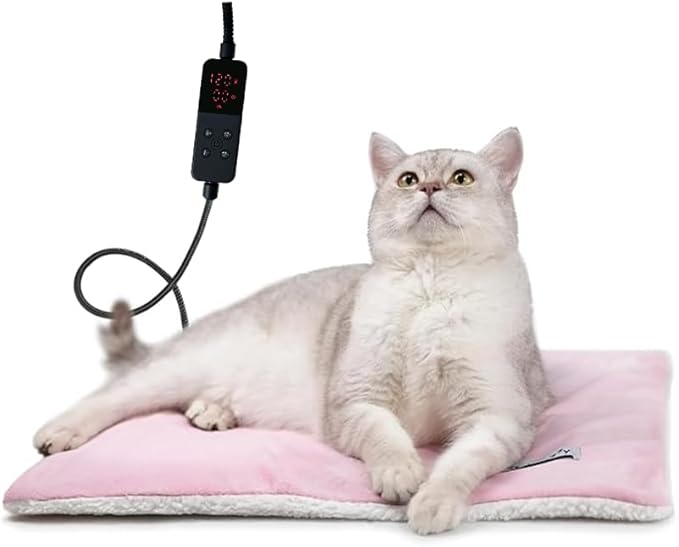 Rest-Eazzzy Heated Cat Bed, Removable Cover, 5-Level Timer & Temperature, Indoor Warming Mat (Heat Pad, Pure-Pink)