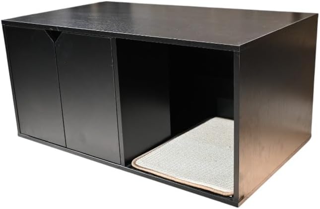 Black Cat House, Corrugated Cardboard Scratching Pad, Cozy Caves, Wood, Modern Cat Litter Box Enclosure Hidden Furniture for Indoor Kittens, 35.83x20.47x17.05 in