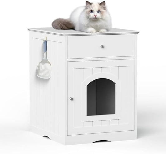 Cat Litter Box Enclosure Furniture with Drawer - Wooden Hidden Litter Box Cabinet, Indoor Pet Crate & Cat House Nightstand, Side Table for Living Room, 18.9" W x 20.9" D (White + Solid Wood)
