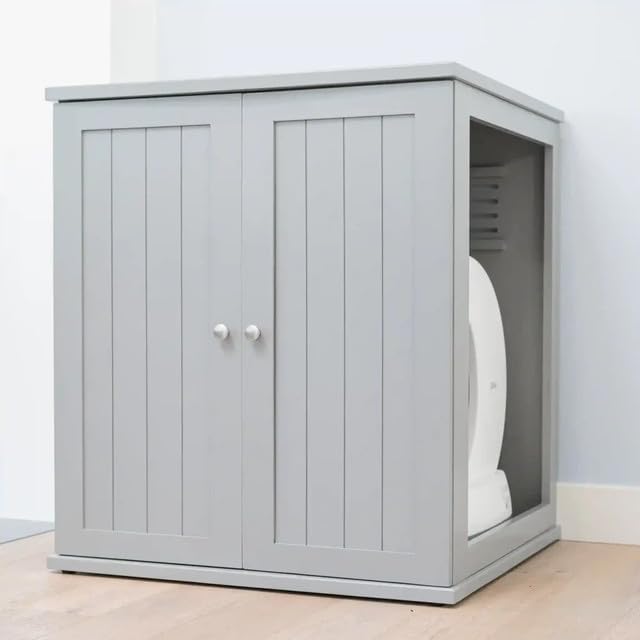 THE REFINED FELINE Refined Self-Cleaning Litter Box Cabinet, Wooden Cat Litter Box Enclosure for Automatic Litter Boxes, Smoke Gray, Cottage.