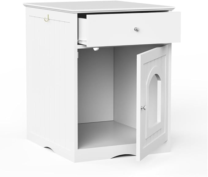 Cat Litter Box Enclosure Furniture with Drawer - Wooden Hidden Litter Box Cabinet, Indoor Pet Crate & Cat House Nightstand, Side Table for Living Room, 18.9" W x 20.9" D (White + Solid Wood)