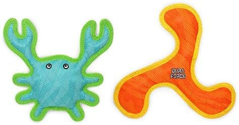 DURA FORCE - Durable Woven Fiber - Crab - Squeakers - Multiple Layers. Made Durable, Strong & Tough. Interactive Play Dog Toy (Tug, Toss & Fetch). Machine Washable & Floats (Combo Pack)
