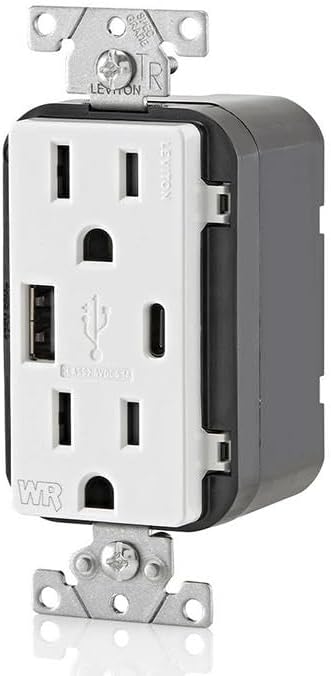 Leviton Type A & Type-C USB In-Wall Charger with 15A Tamper-Resistant Outlet, Outdoor USB Charger for Smartphones and Tablets, Not for Laptops, W5633-W, White