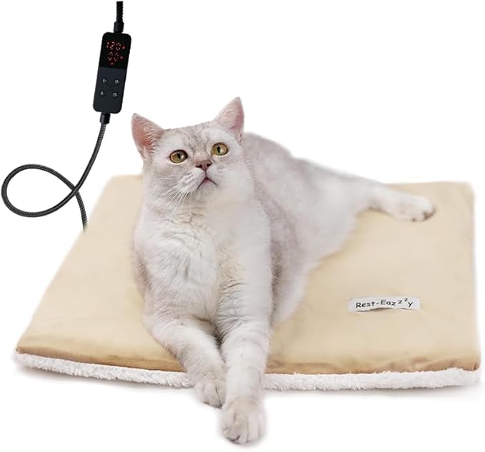 Rest-Eazzzy Cat Heating Pad, Cat Bed with Removable Cover Heated Cat Bed 5 Level Timer and 5 Level Temperature, Cat Beds for Indoor Warming Mat for Cat Dog (Heat pad, Pure-Beige)