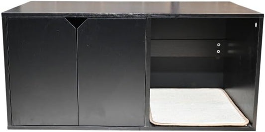 Black Cat House, Corrugated Cardboard Scratching Pad, Cozy Caves, Wood, Modern Cat Litter Box Enclosure Hidden Furniture for Indoor Kittens, 35.83x20.47x17.05 in