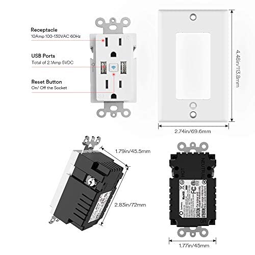 Smart in Wall Outlet, Standard Electrical Outlets with 2 USB Ports & 2 Plugs, Work with Alexa Google Home 15 Amp Outlet ETL FCC for Home Office