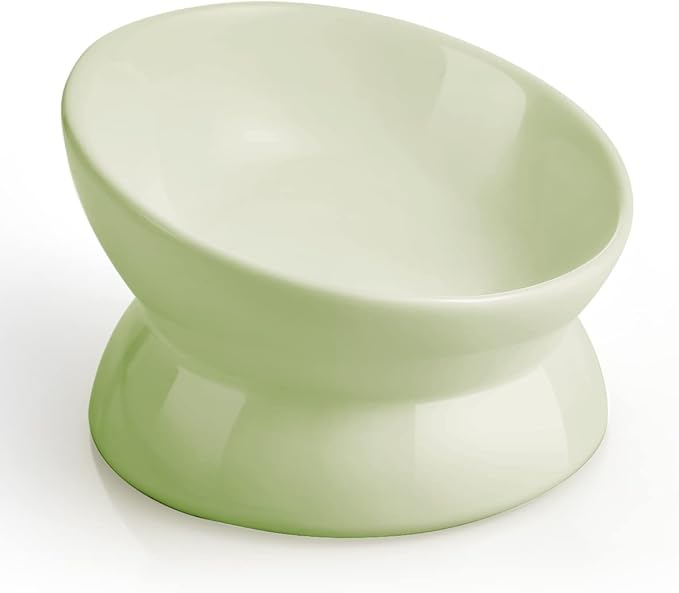 LoeJan Elevated Cat Food Bowl, 5 Oz Ceramic Raised and Tilted Water Bowl, Anti Vomiting and Protect Pets' Spines Dishes for Small Dog, Fat Faced Cat, Kitten (Green, 1 Pack)