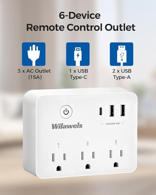 Remote Control Outlet, Multi-Plug Outlet with 3 Outlets and 3 USB Ports, No Interference Remote Outlet, Wireless Light Switch, 100FT RF Range, Programmable and Expandable, FCC Listed W03RC06