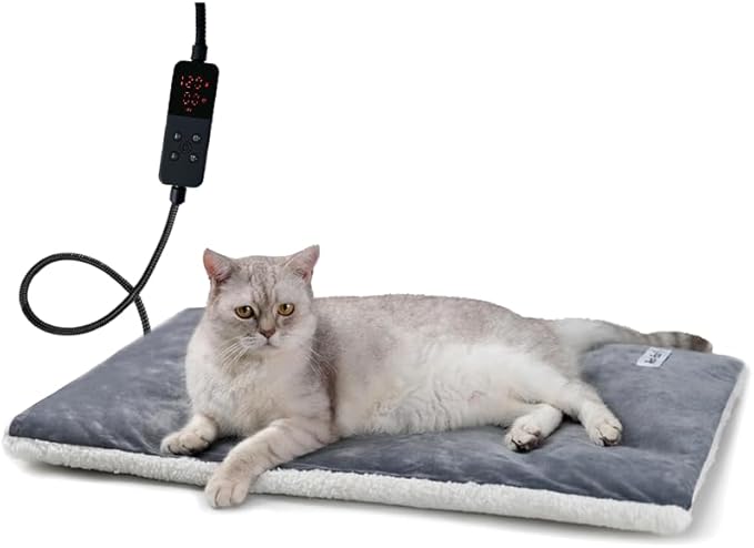 Rest-Eazzzy Heating Pad for Cats, Warming Mat with Removable Cover, 5 Level Timer & Temperature, Indoor Cat Bed (Pure-Grey, M)