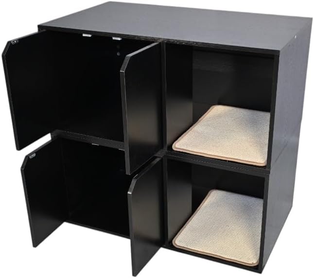 Black Cat House, Corrugated Cardboard Scratching Pad, Cozy Caves, Wood, Modern Cat Litter Box Enclosure Hidden Furniture for Indoor Kittens, 35.83x20.47x17.05 in