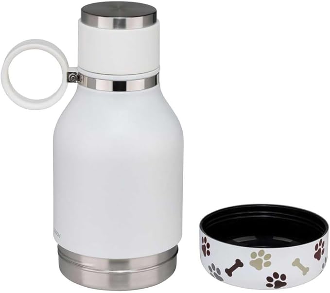Asobu Buddy Bottle a Stainless Steel Insulated Water Bottle for with Removable Dog Water Bowl and Dog Food and Treat Storage Bowl (White, 37 oz Water Bottle with Bowl)