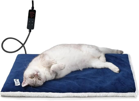Rest-Eazzzy Heated Cat Bed with Removable Cover, 5 Level Timer & Temperature, Indoor Warming Mat for Cats & Dogs (Heat Pad, Pure-Blue, M)