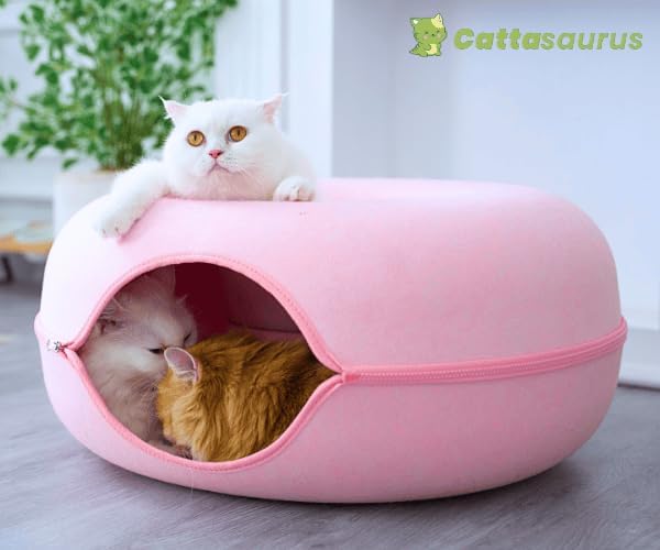 Cattasaurus Peekaboo Cat Cave Donut for Multiple & Large Cats up to 30-45 lbs, 3-in-1 Self Warming Cat Bed, Tunnel & Scratcher for Indoor Cats, Washable & Detachable Small Dog Bed (Pink, Large)