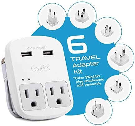 Ceptics Safest Travel Adapter Kit, Dual USB for iPhone, Chargers, Cell Phones, Laptop Perfect for Travelers - 3.6A with Qc. 3.0 Charge Faster