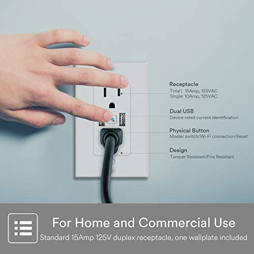 Smart in Wall Outlet, Standard Electrical Outlets with 2 USB Ports & 2 Plugs, Work with Alexa Google Home 15 Amp Outlet ETL FCC for Home Office