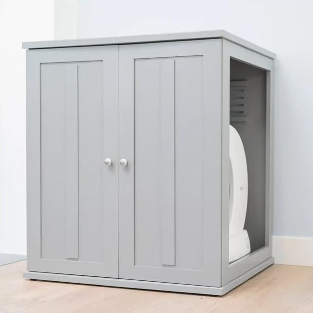 THE REFINED FELINE Refined Self-Cleaning Litter Box Cabinet, Wooden Cat Litter Box Enclosure for Automatic Litter Boxes, Smoke Gray, Shaker.